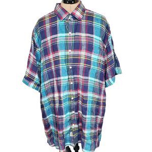 Peter Millar Men's XL 100% Linen Plaid Short Sleeve Button Down Shirt Blue Red
